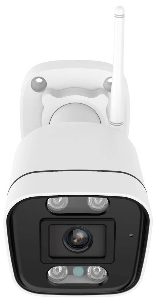 Surveillance camera with four LEDs and antenna, suitable for external mounting.