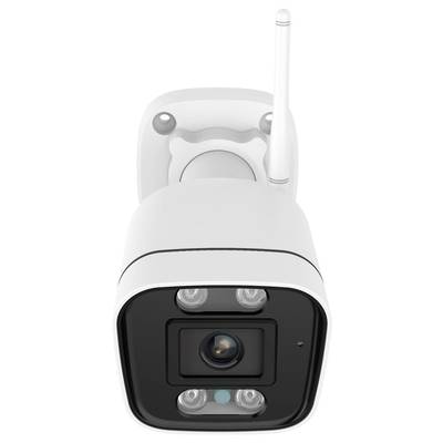 Surveillance camera with four LEDs and antenna, suitable for external mounting.