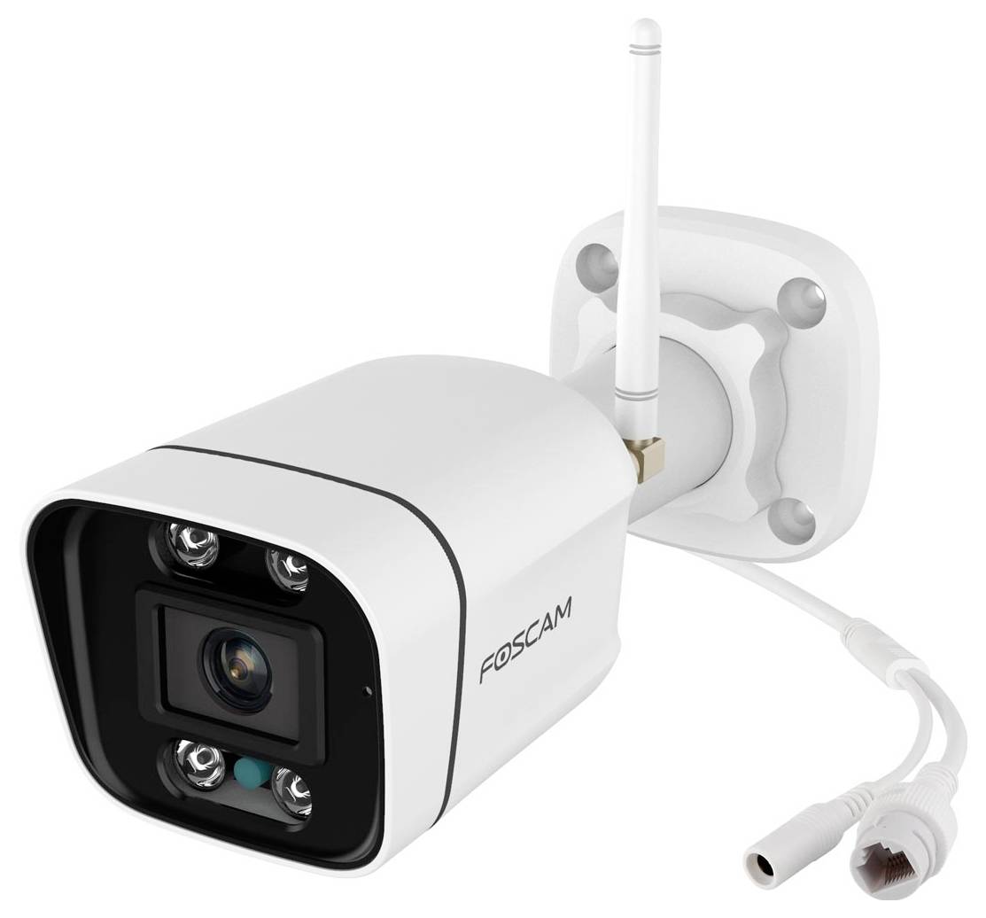 A white surveillance camera with an antenna and cable connection, mounted on a wall bracket.