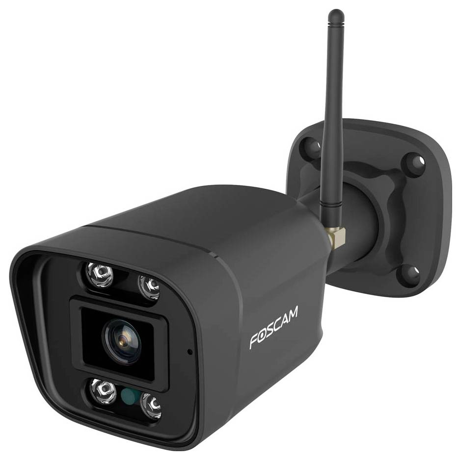Black Foscam security camera with an antenna, mounted on a wall bracket.