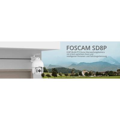 'FOSCAM SD8P' Security Camera: 8 MP Wi-Fi PTZ Dome with 4x Optical Zoom, Intelligent Person and Vehicle Detection. Landscape in the background.