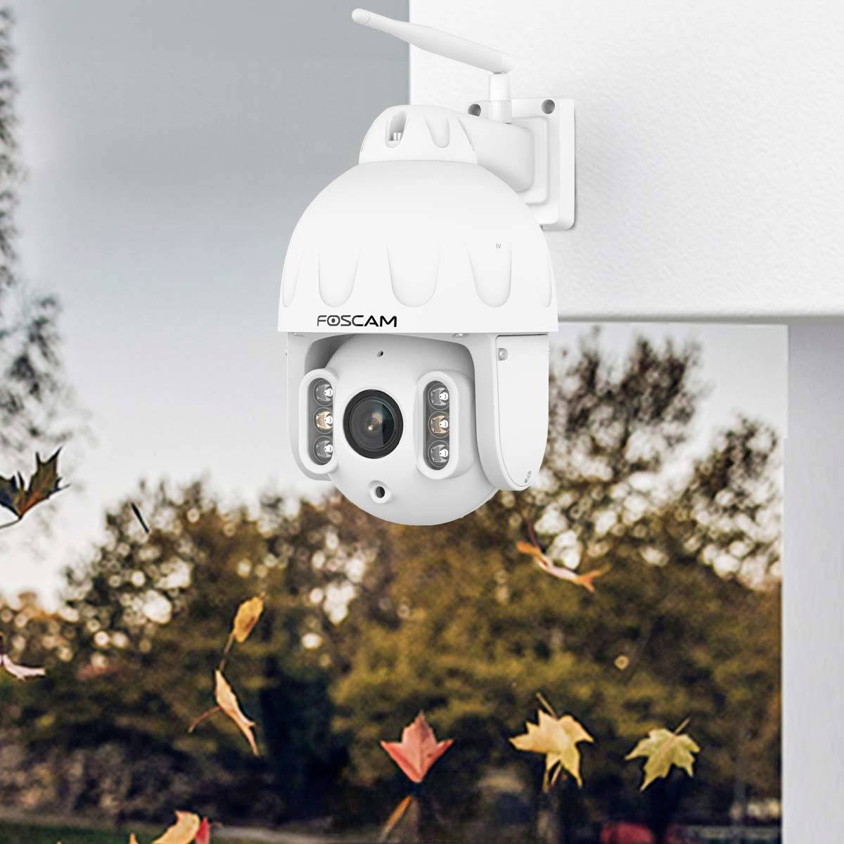 'White surveillance camera mounted on a wall, surrounded by autumn foliage.'