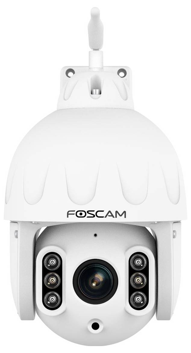 A white Foscam surveillance camera, typically used for security monitoring in indoor or outdoor areas.