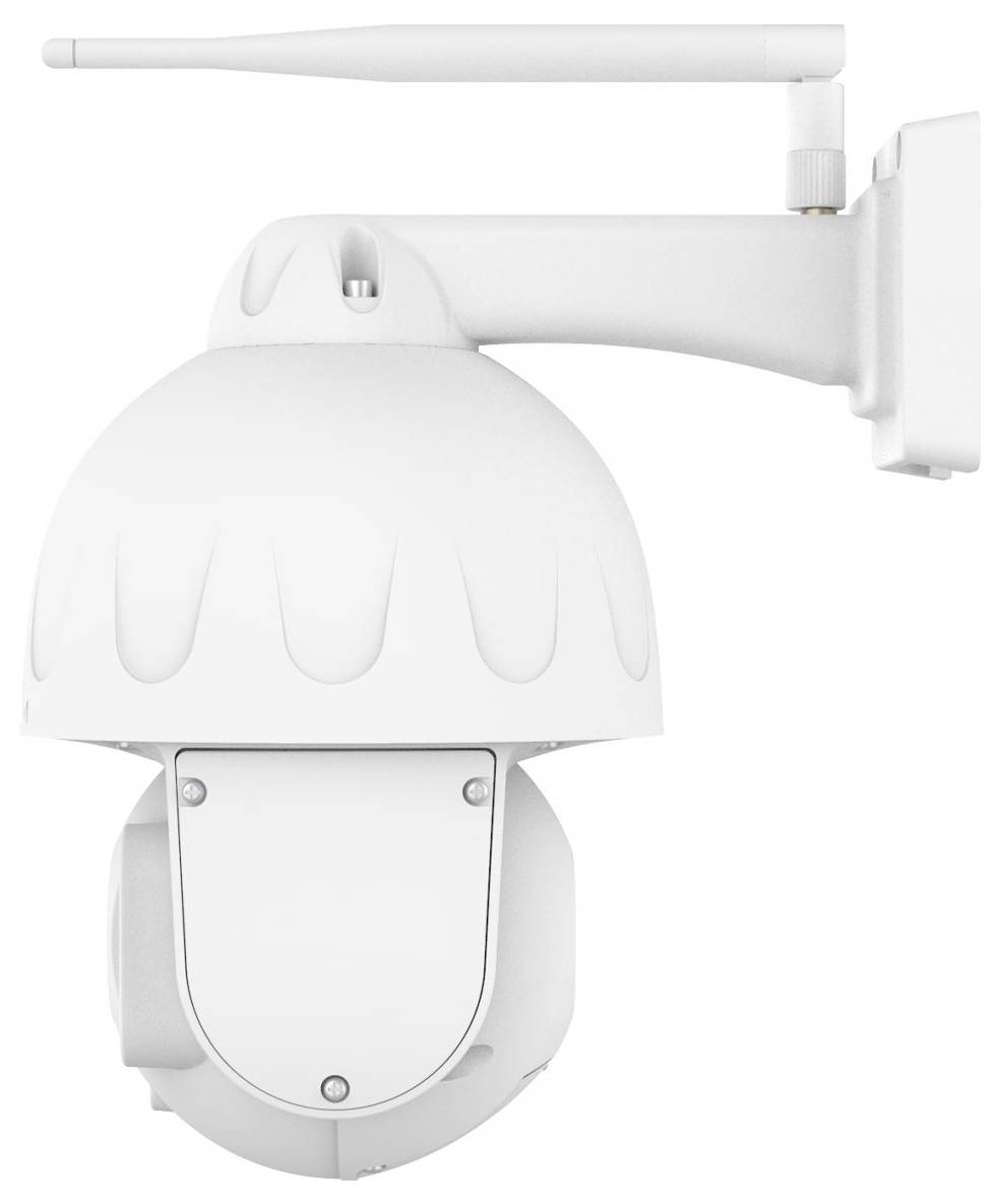 White surveillance camera with antenna, mounted on a wall bracket, used for monitoring outdoor areas.