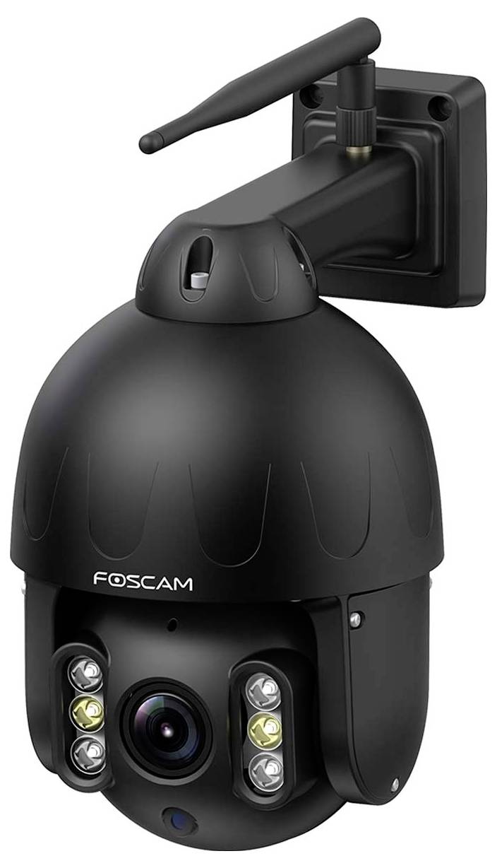 Security camera in a black casing with a pivoting arm and brand name on the front; for outdoor security.