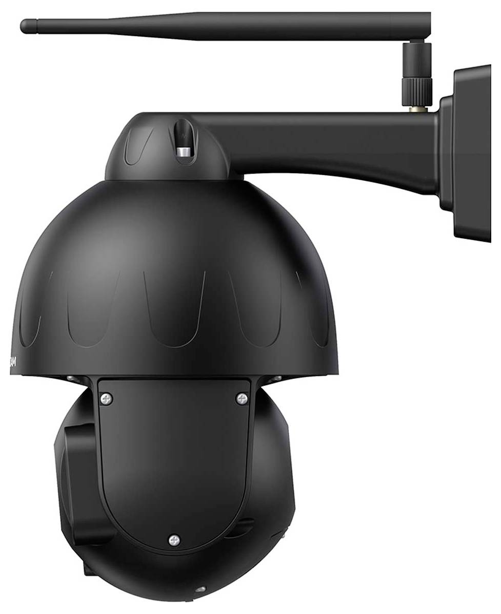 Black surveillance camera with antenna, mounted on a wall bracket.