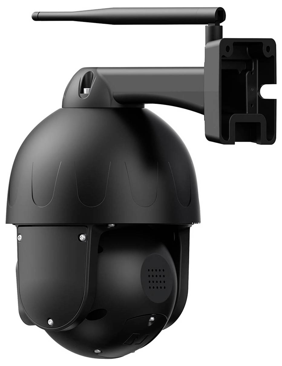 External camera with pan-tilt dome and antenna, mounted on a wall bracket, suitable for security surveillance.