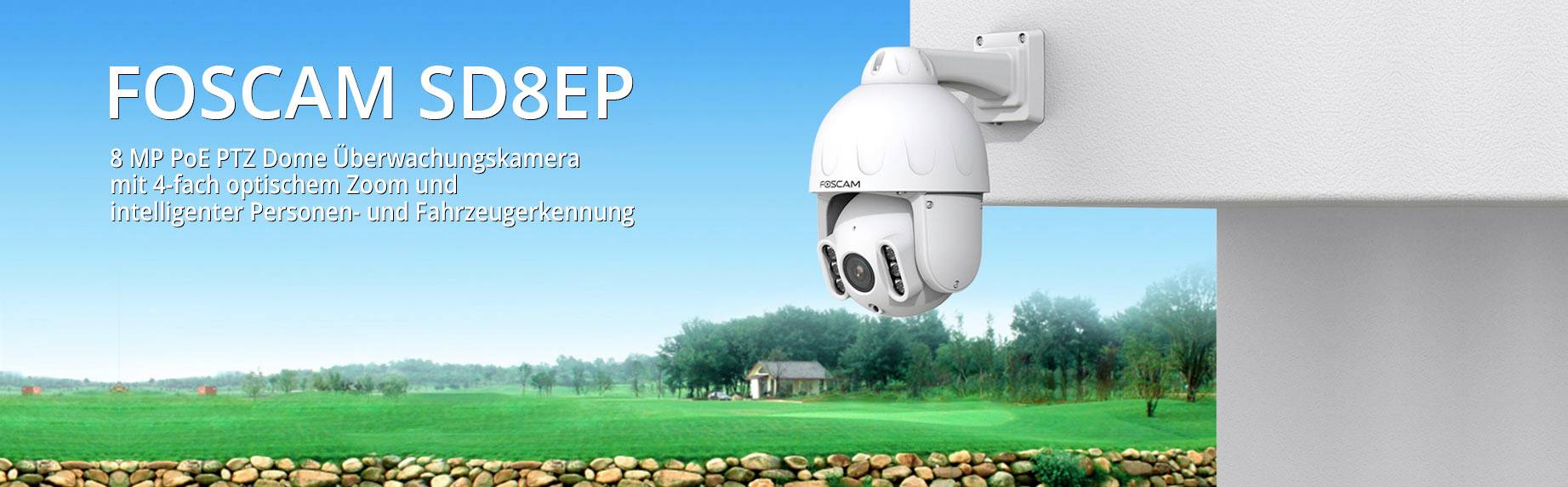 'FOSCAM SD8EP Camera' mounted on a white wall, overlooking a green landscape. Text describes zoom and recognition technology.