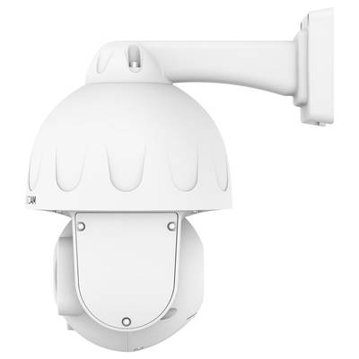 Security camera mounted on the wall, pointing downwards. White, dome-shaped design for 360-degree view.