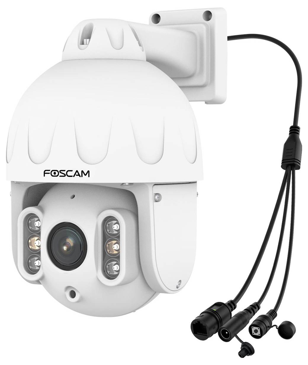 Security camera in white, weatherproof dome-shaped housing with multiple connection cables, mounted on a wall bracket.