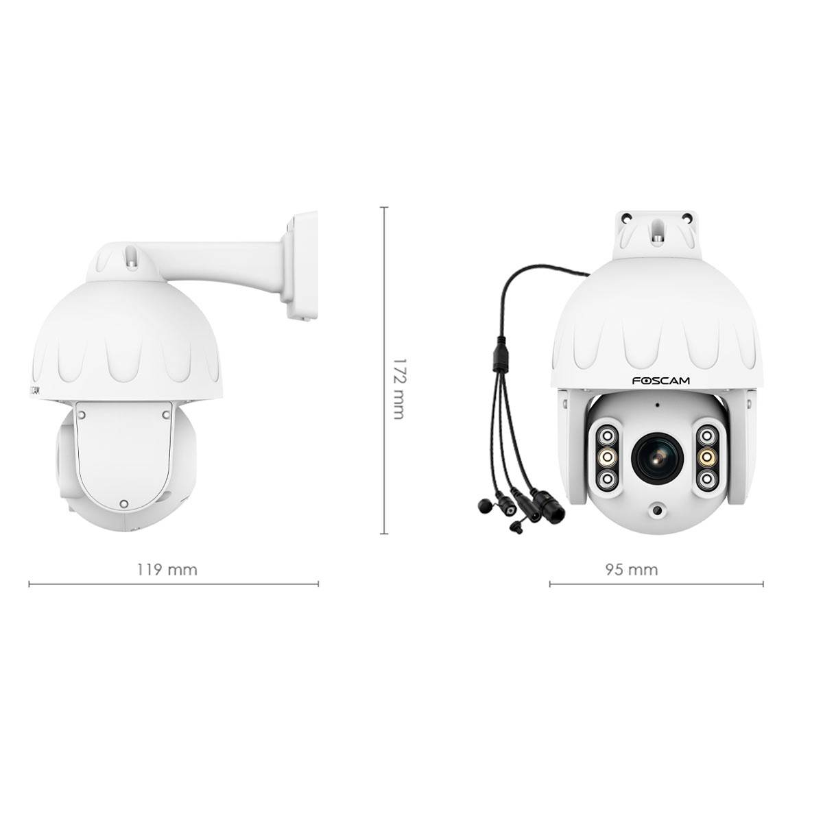 Two white surveillance cameras with dimensions: left 119mm x 172mm, right 95mm wide. Both have dome-shaped designs, with the right one showing cable connections.