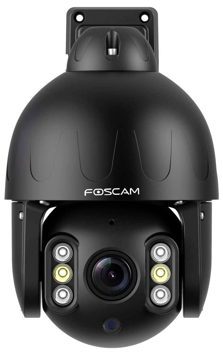 Black surveillance camera with four LED lights around the lens, 'FOSCAM' brand, suitable for outdoor security.