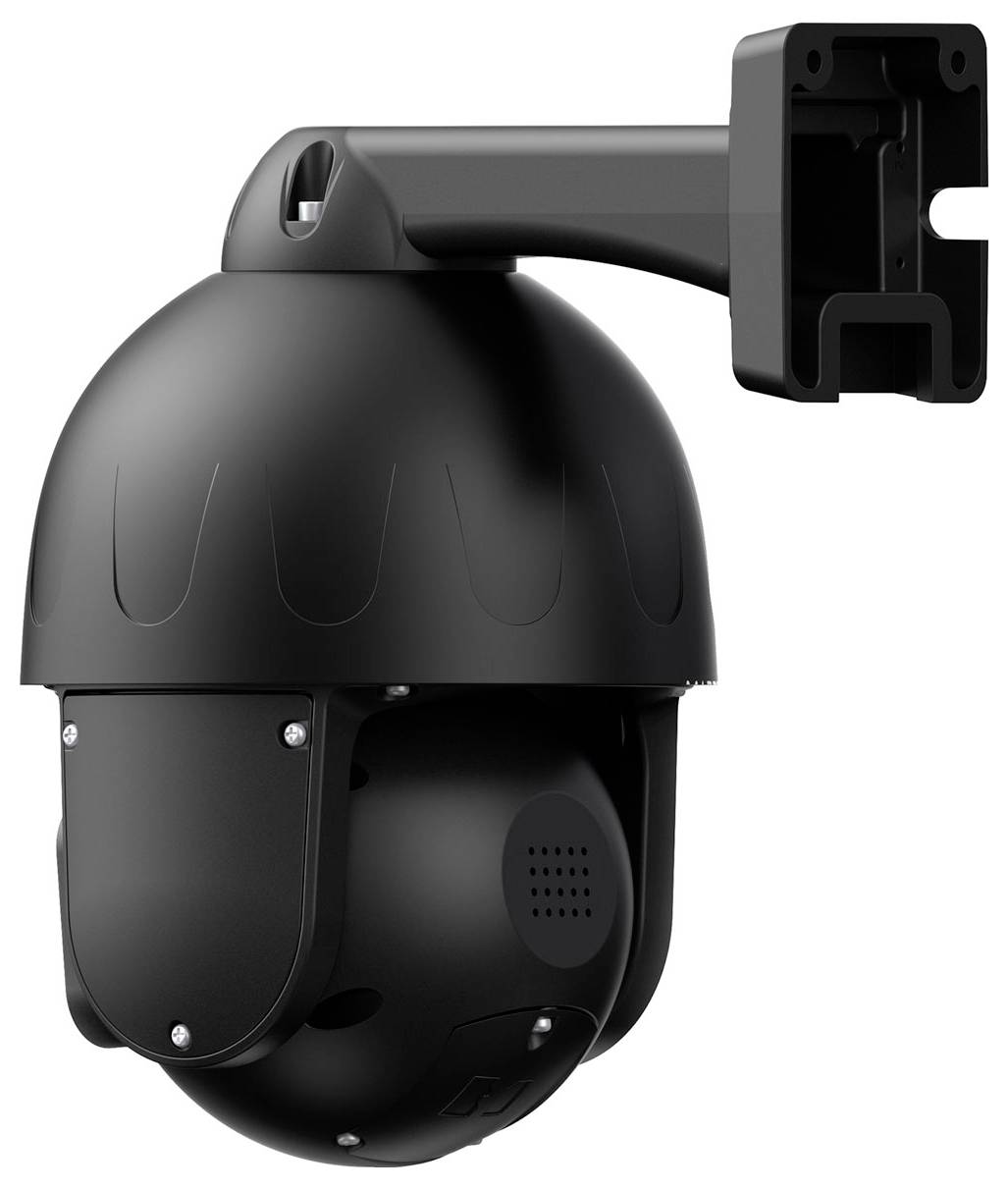 A black dome-shaped surveillance camera, mounted on a wall bracket.