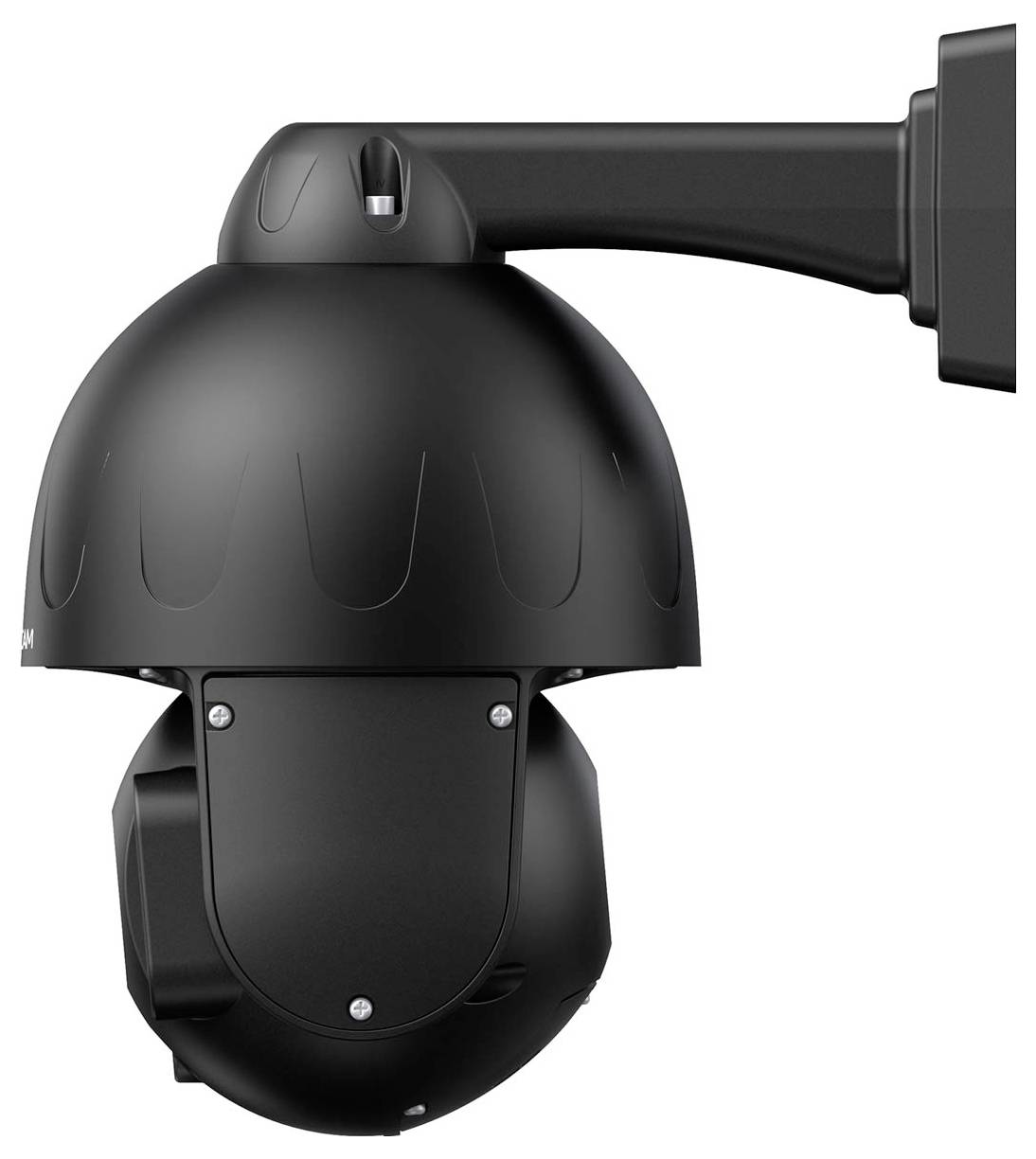 Black surveillance camera mounted on the wall, pointing downwards. It is spherical and weatherproof, suitable for outdoor use.