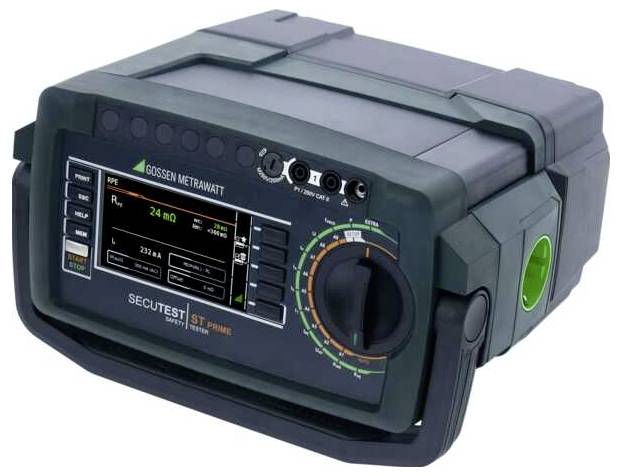 A digital testing device with multiple indicator lights, a rotary dial for settings, and a display showing values.