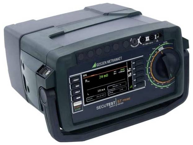 A digital testing device with a display and rotary switch, used for measuring electrical values. Brand name 'SECUTEST' visible.