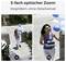 Split image showing a woman outdoors holding balloons and gift boxes. Left: standard view, right: zoomed view. Text in German reads '5-fach optischer Zoom', 'Vergrößern, ohne Detailverlust'.