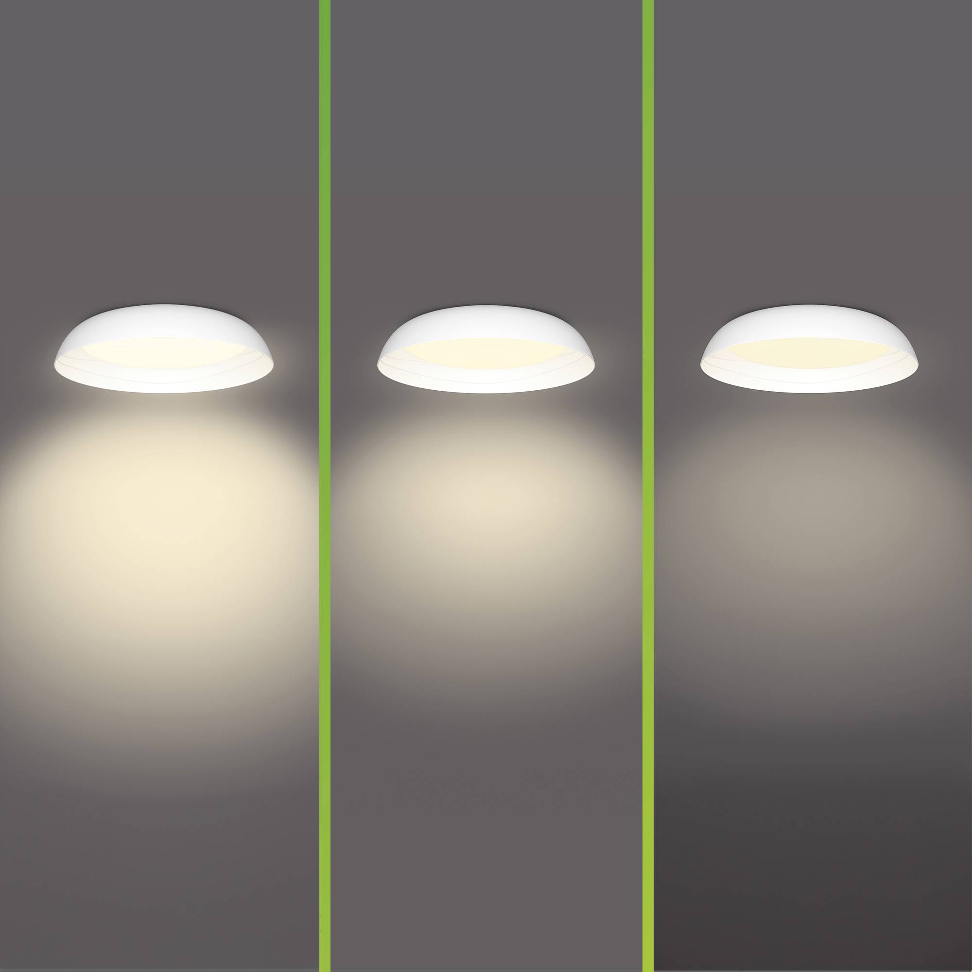'Three wall lights with varying brightness. The left one is the brightest, the middle one is of medium brightness, and the right one is the darkest.'