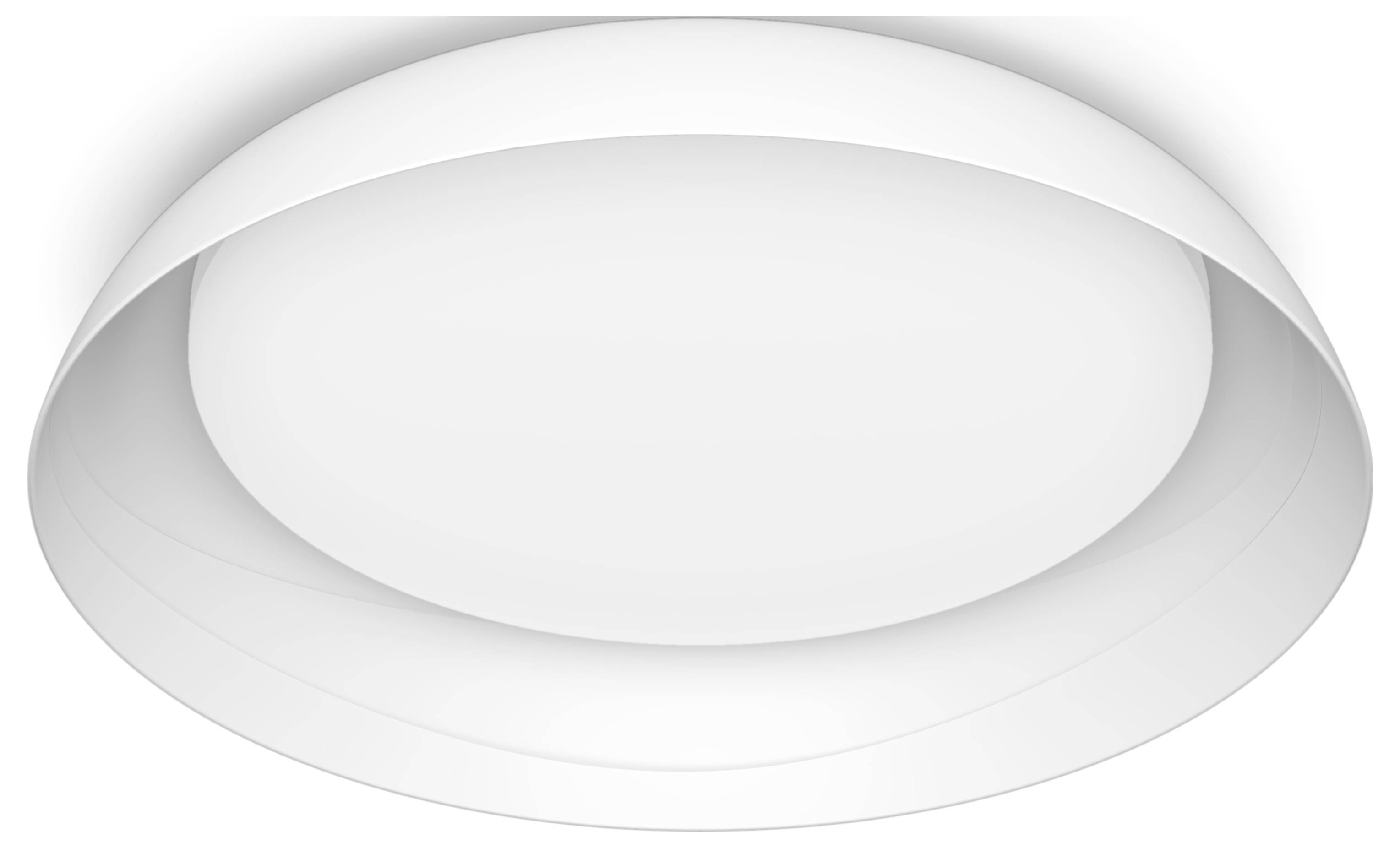 White, round ceiling light with a contemporary design.