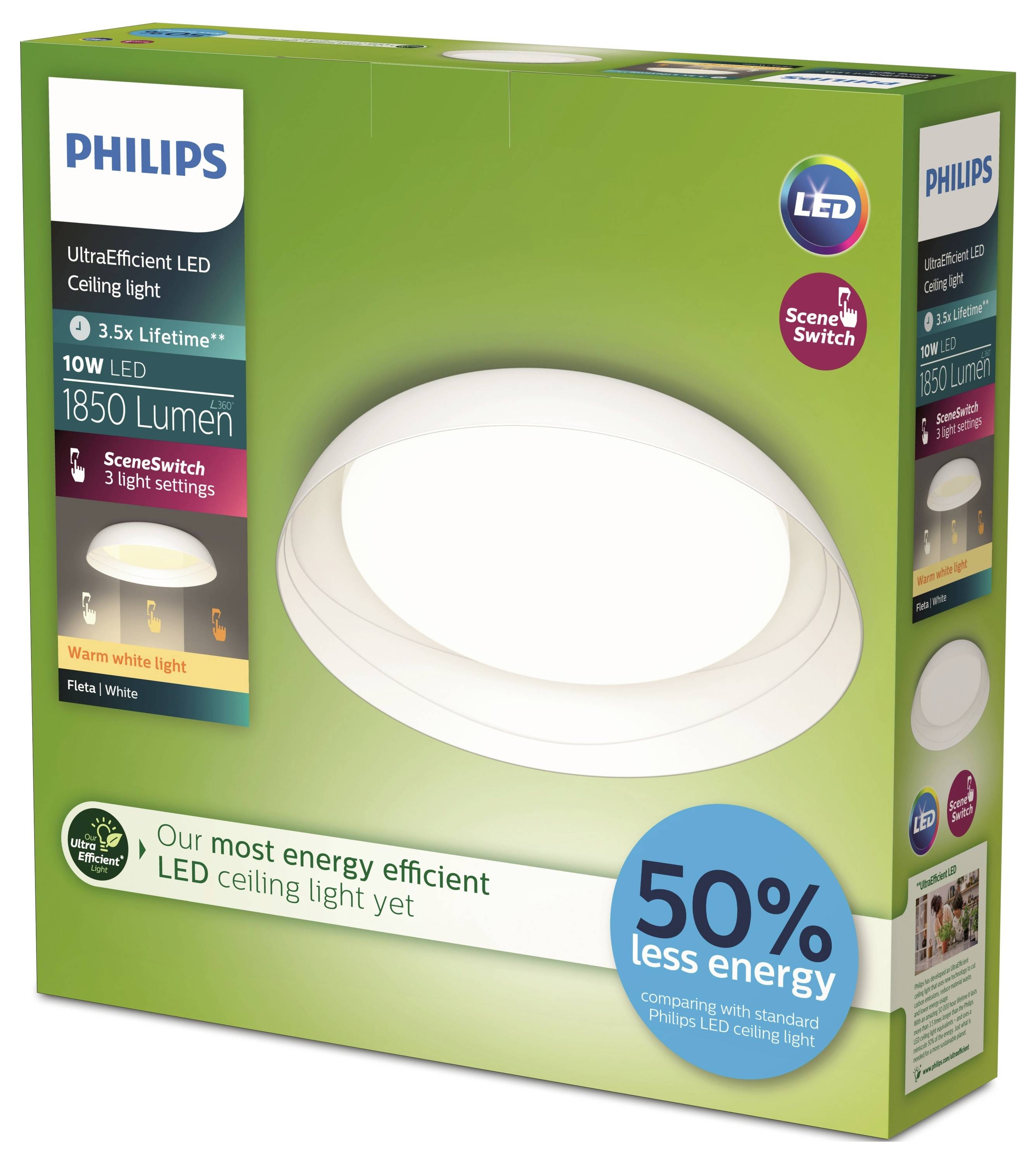 'Lamp packaging with Philips logo. Light source 1850 lumens, 10W LED, triple the lifespan, warm to white light colours.'