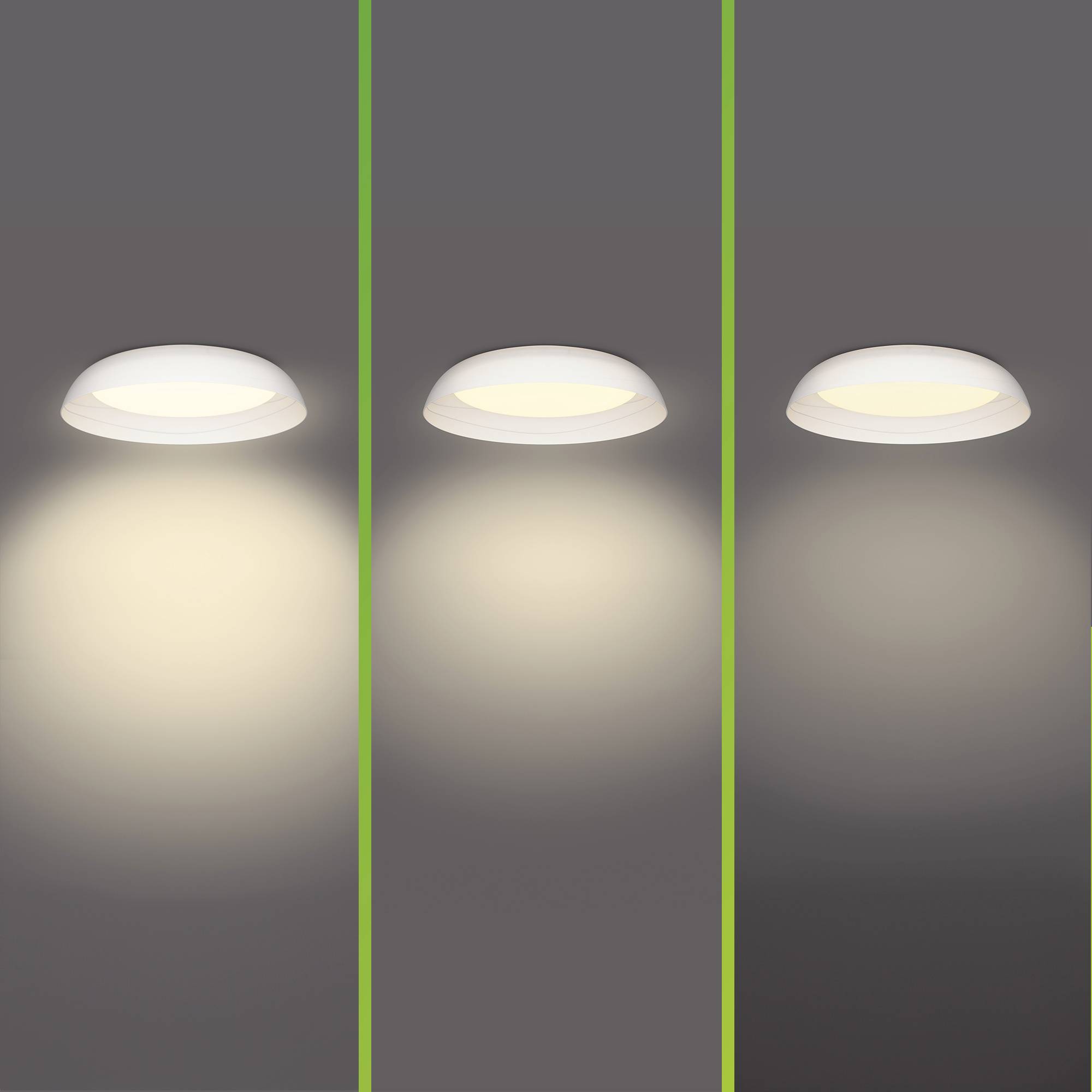 Three round ceiling lights shine at varying intensities, from left to right: bright, medium, dim, against a grey background.