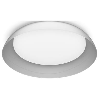 A round, white ceiling light with simple, modern design evenly illuminates a room.