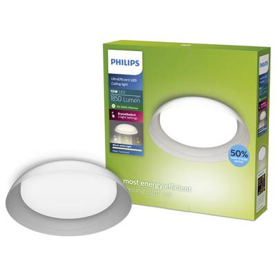 Philips UltraEfficient LED ceiling light box with white round flush-mount fixture shown beside the packaging, highlighting 1850 lumens and 50% energy savings.
