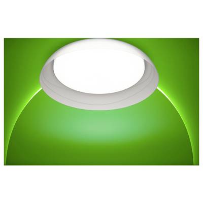 Green spherical glow with a white oval opening at the top, resembling a stylized lamp or portal on a bright green background.