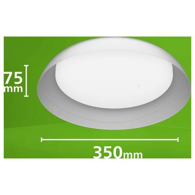 Top view of a round white light fixture on a green background, labeled 75 mm high and 350 mm wide.