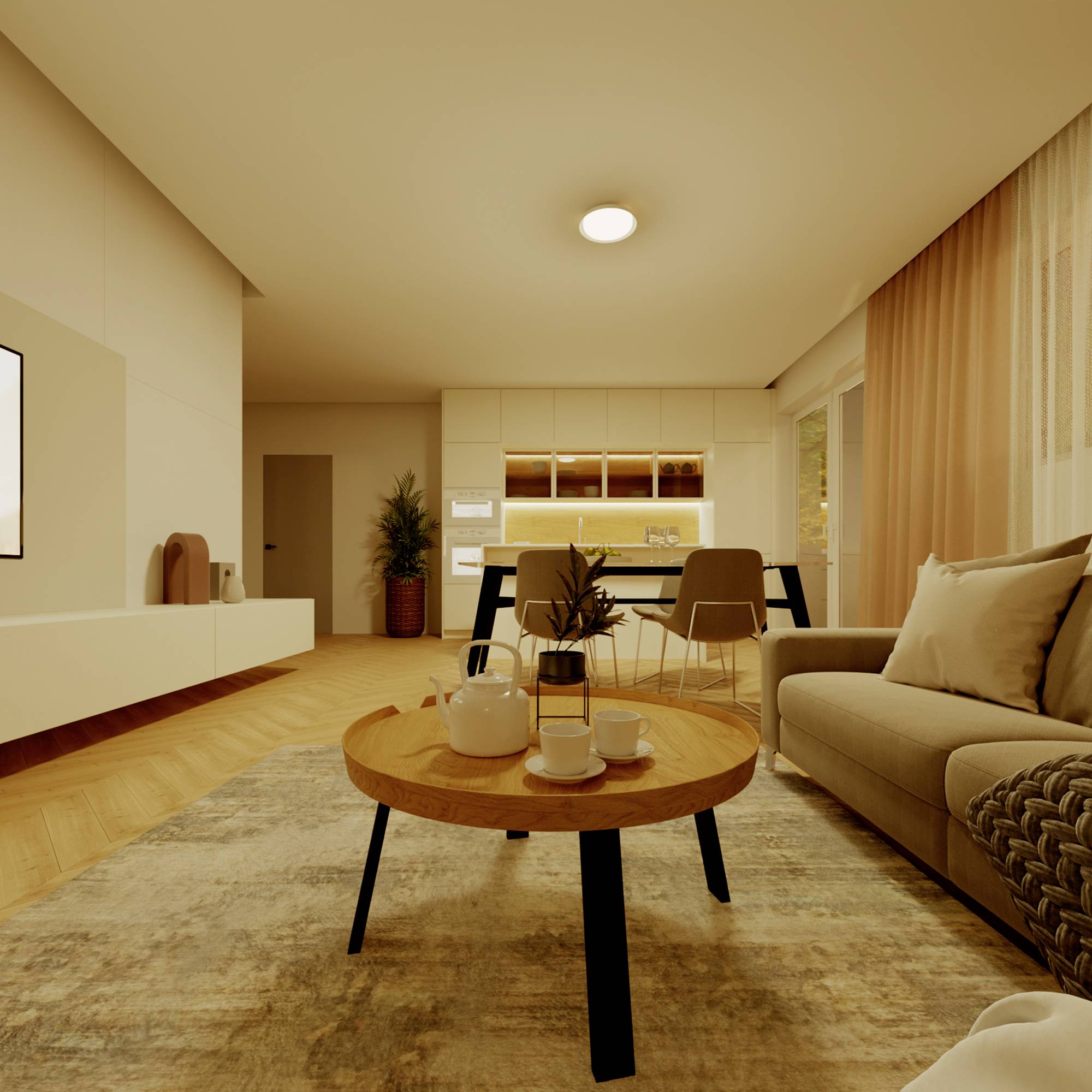 Cosy living room with a sofa, round wooden table, tea cups and kitchen area in the background. Warm lighting creates an inviting atmosphere.