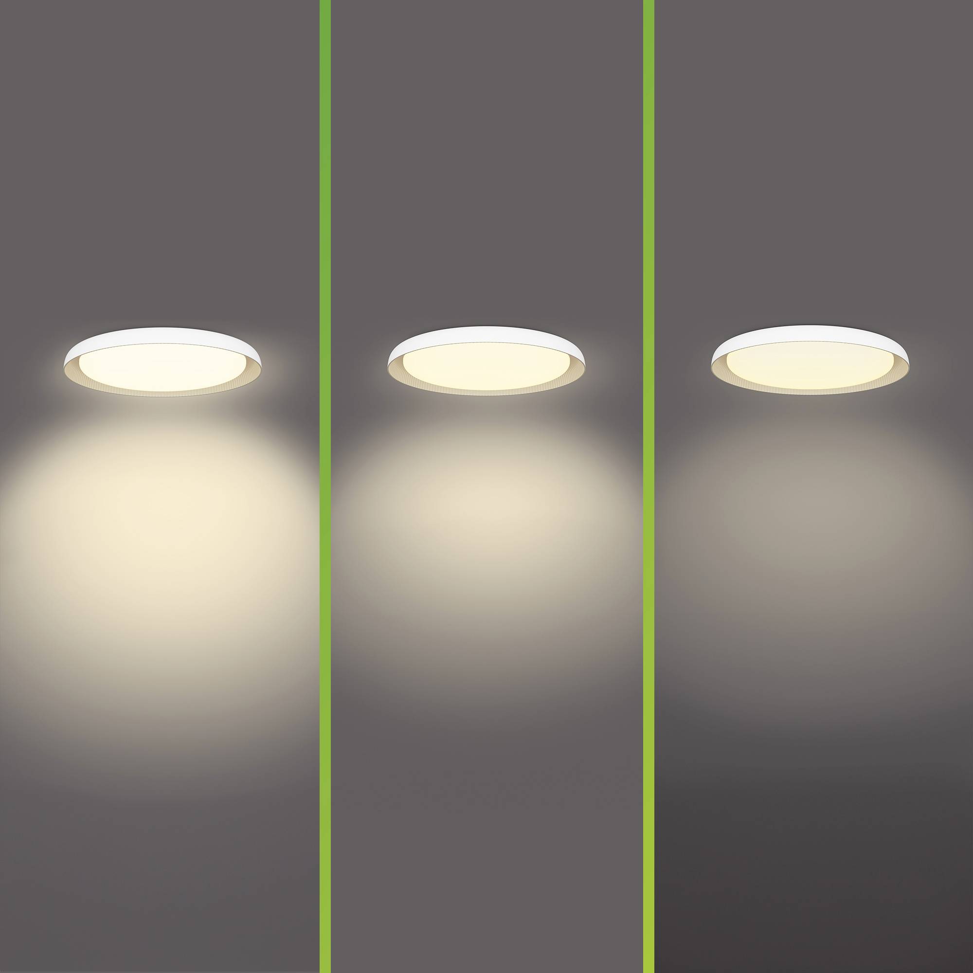 Three different brightness levels of a ceiling light in a dark room, from left to right: bright, medium, dim.