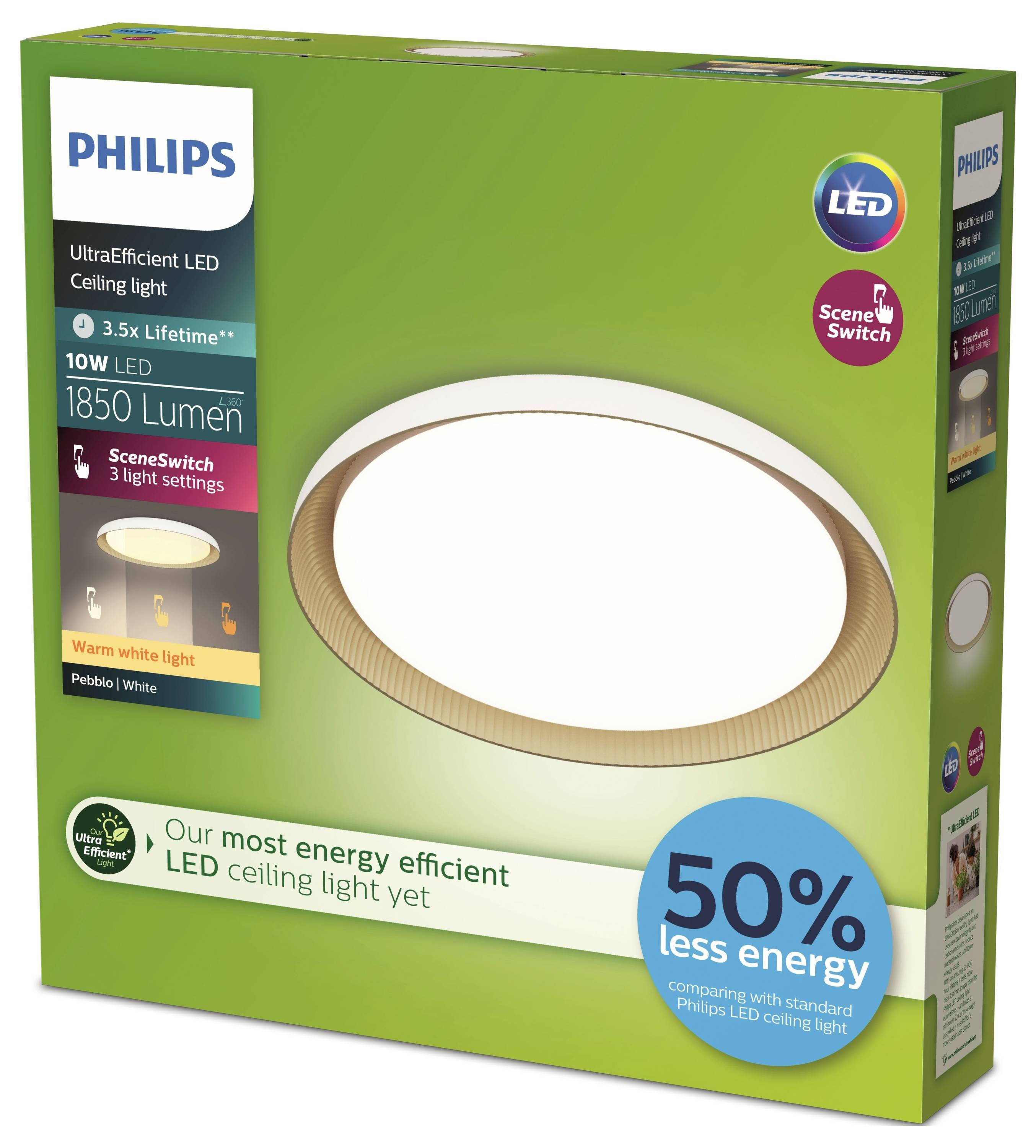 Packaging of a Philips LED ceiling light with 1850 lumens, showing 50% energy efficiency compared to standard LED.