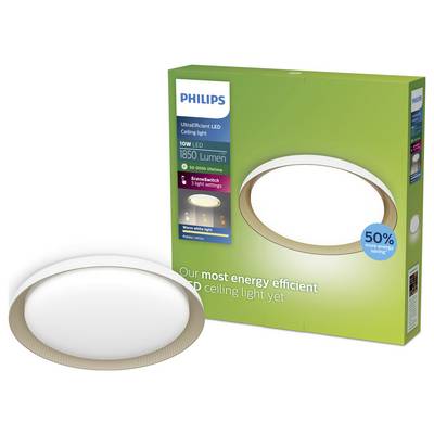 Philips UltraEfficient LED ceiling light box and round flush-mount light; package shows 10W LED, 1850 lumens, and 50% energy savings.