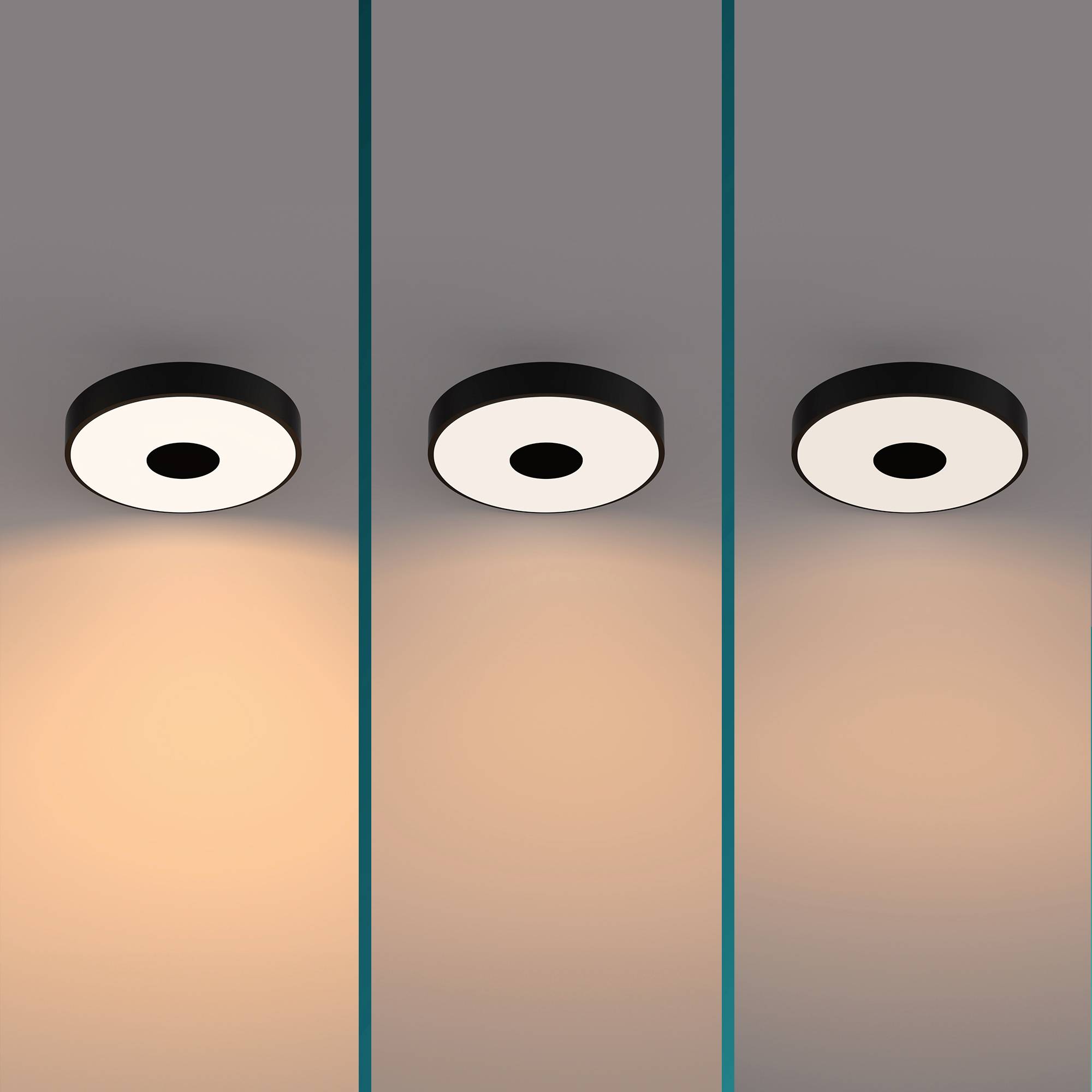 Three ceiling lights, each showing different stages of lighting from warm to cool. On the left, warm light; on the right, cooler light.