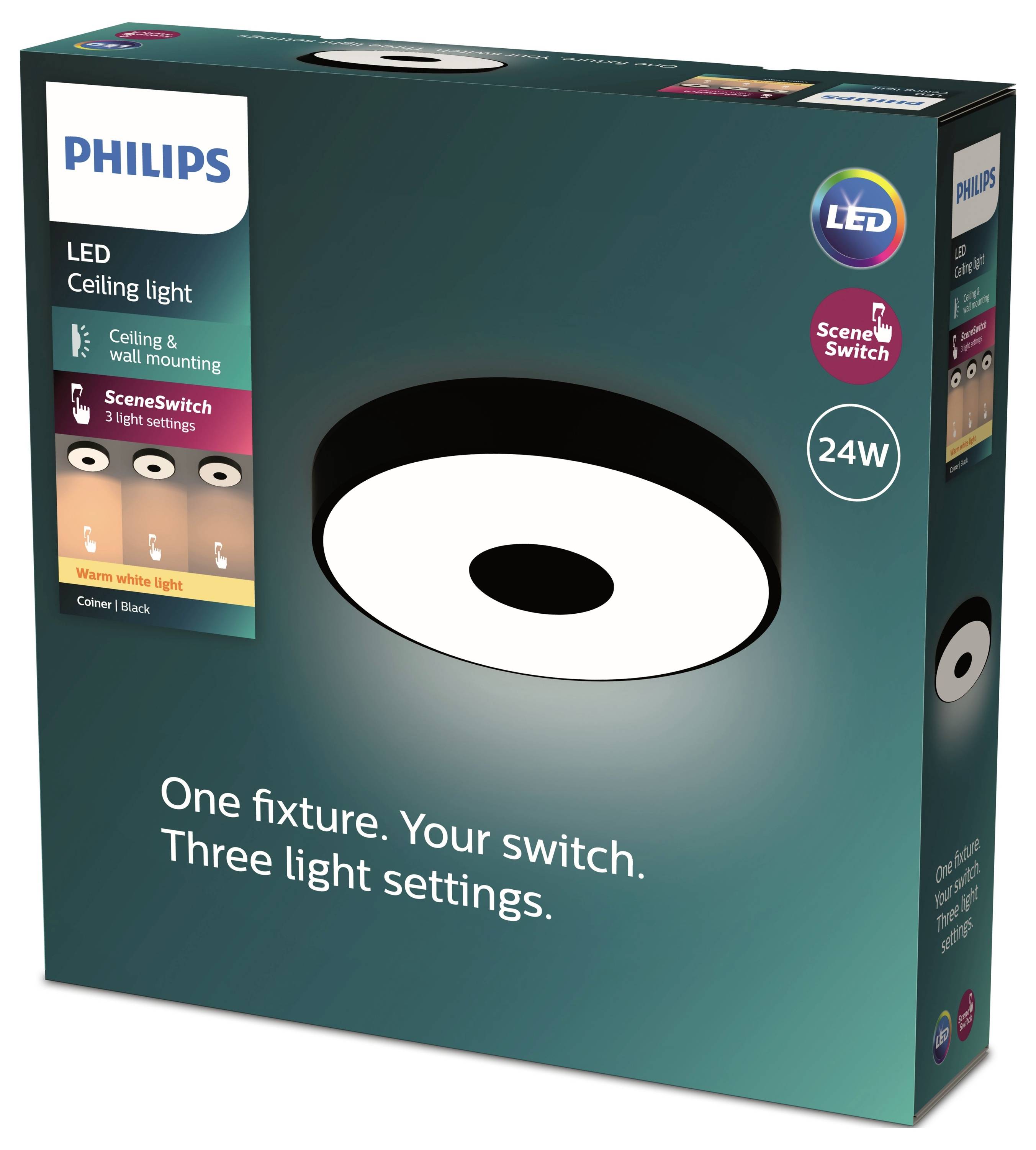 Philips LED Ceiling Light Packaging. Contains information about installation and three light moods. 24W, Colour: Black.