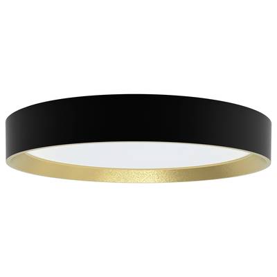 A round, black ceiling light with a golden rim.