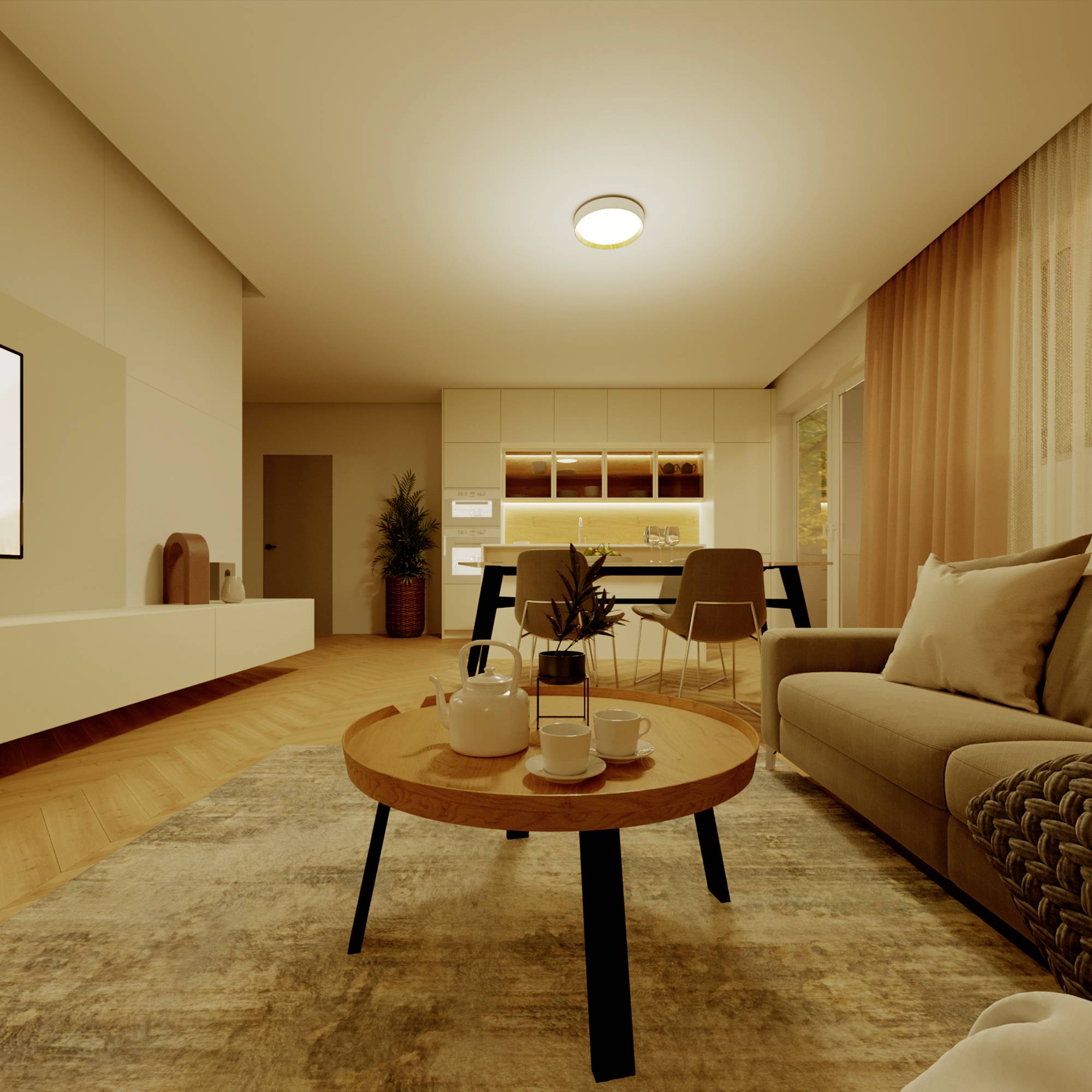 Cosy living room with a sofa, coffee table and television. In the background, a modern kitchen with bar stools. Warm lighting creates an inviting atmosphere.
