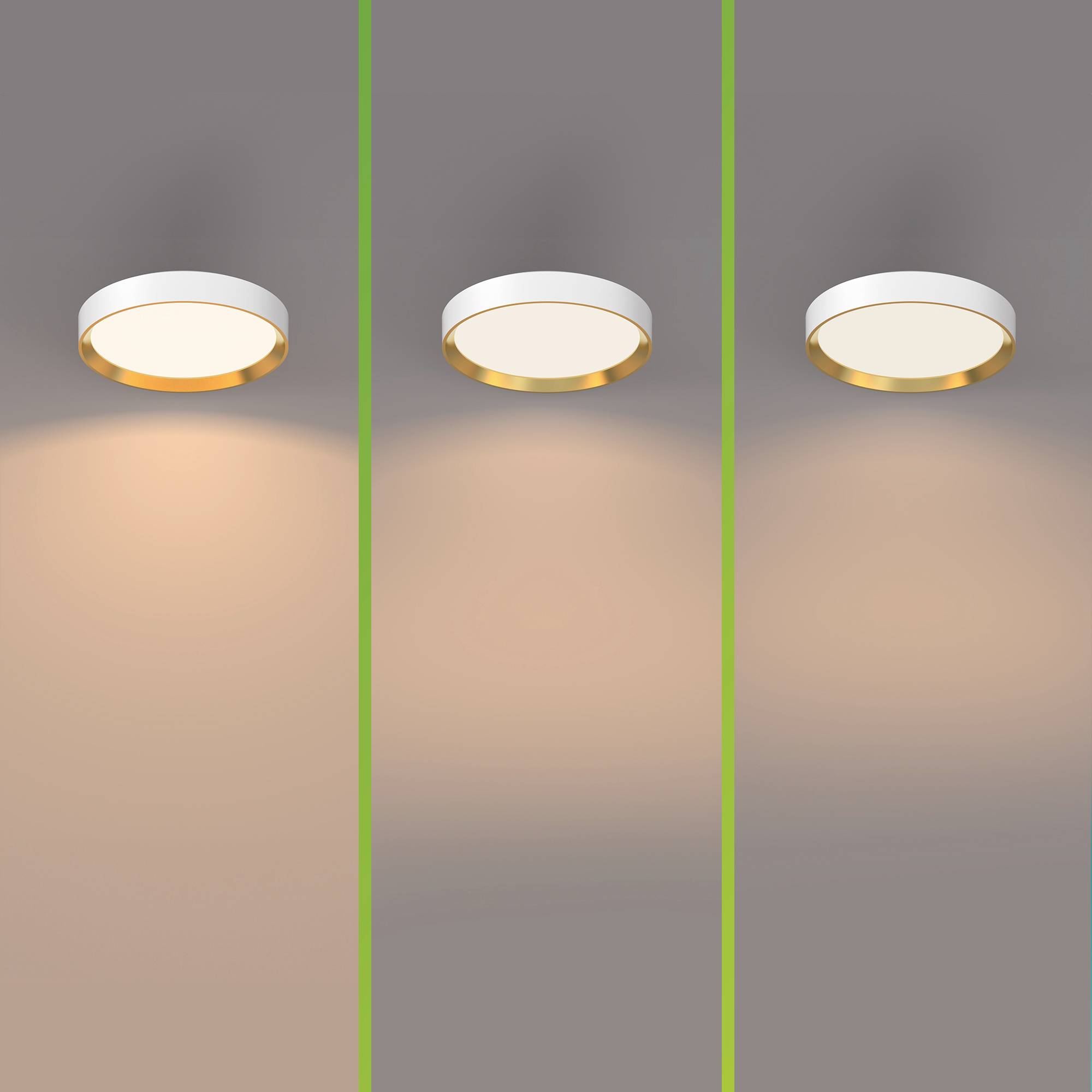 Three round, white ceiling lights cast a warm glow onto a grey wall. They are evenly aligned and shine downwards.
