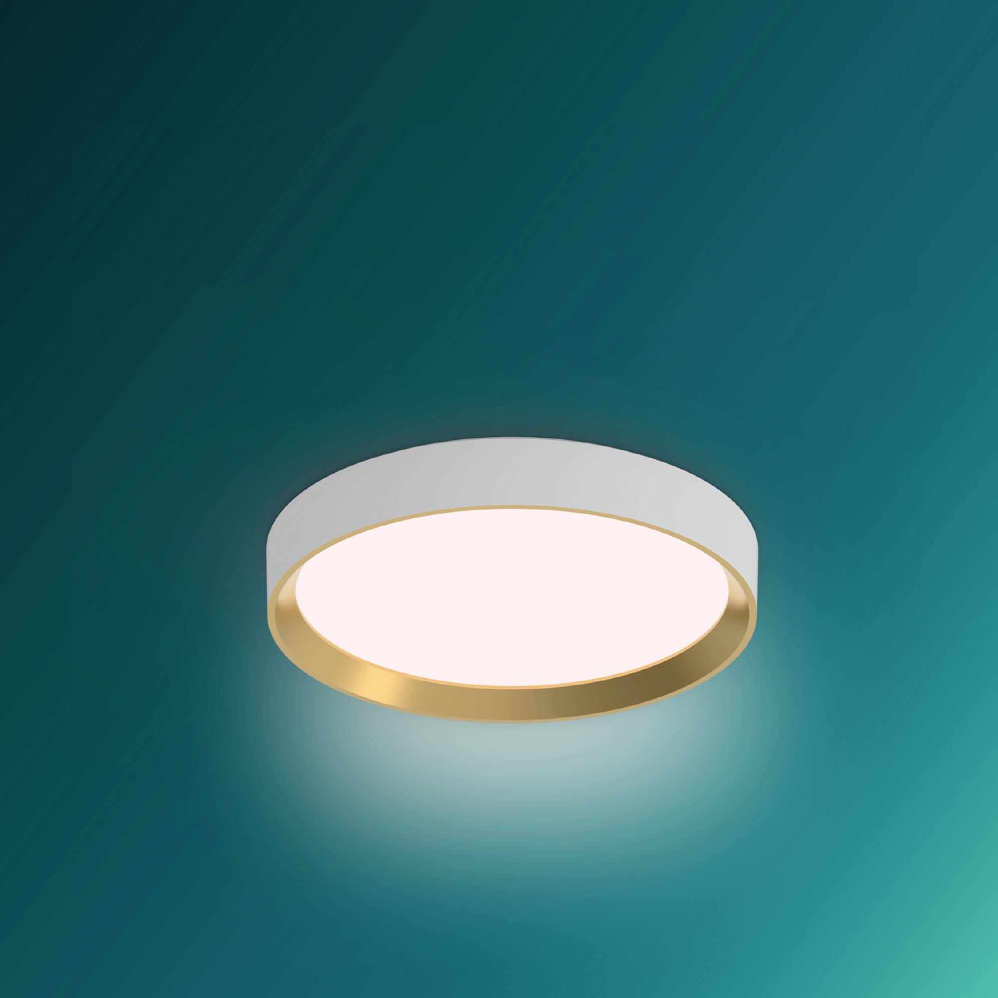 Round ceiling light with a matt gold border and a white diffuser, mounted on a green wall.