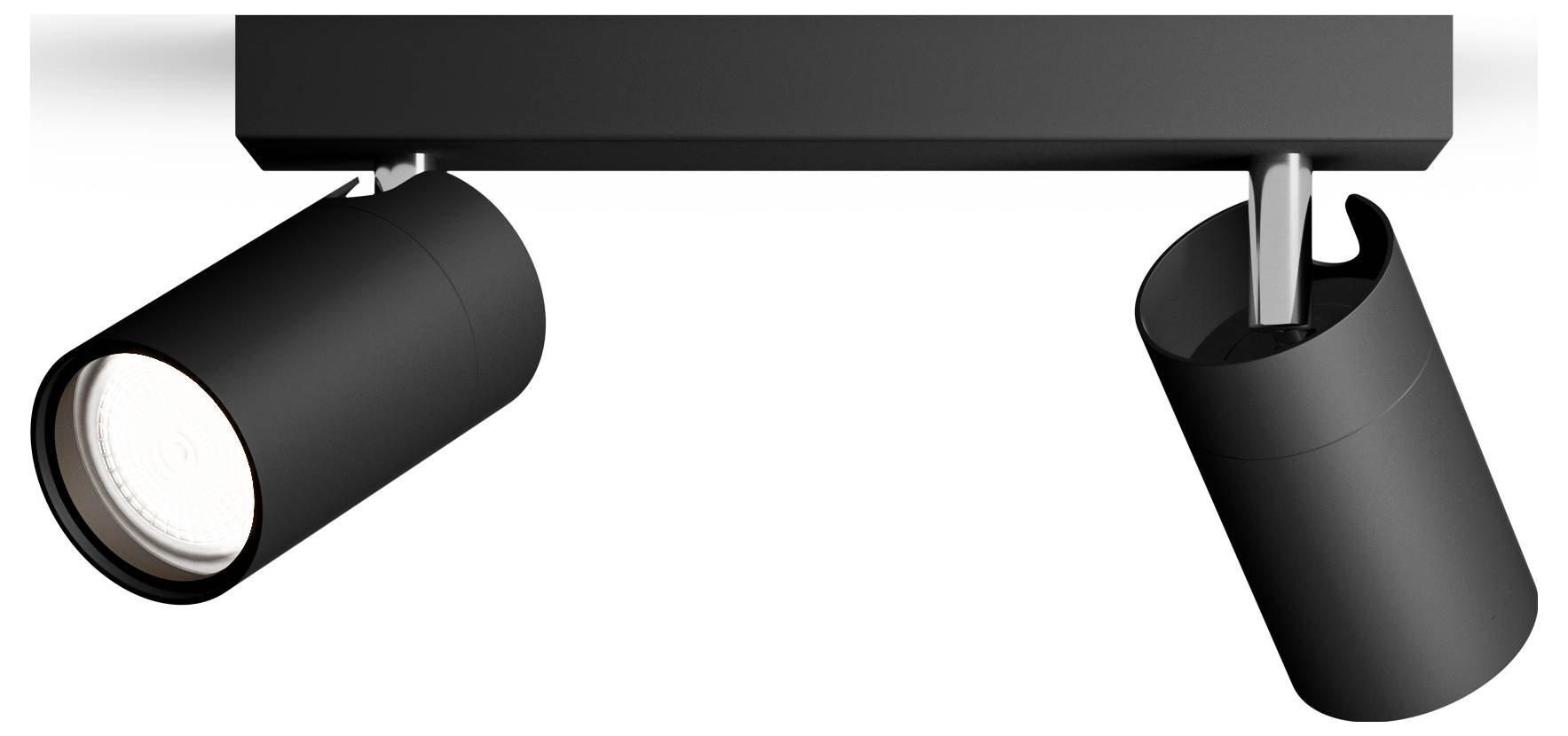 Black ceiling spotlight with two adjustable cylinders that project concentrated light in different directions.