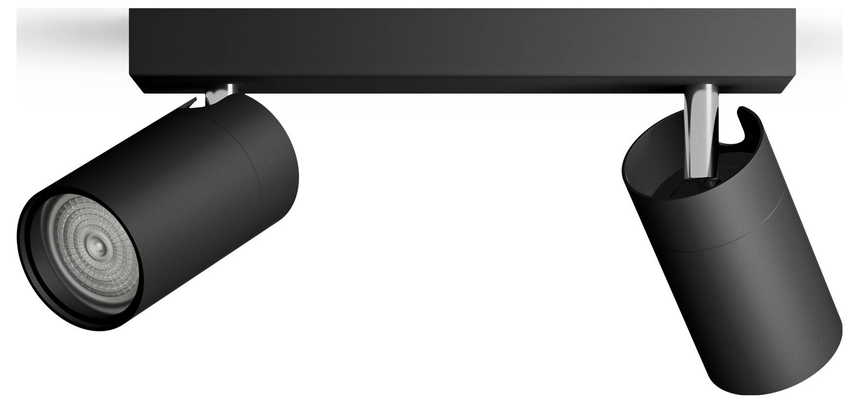 Two modern black ceiling spotlights on a track, pointing in opposite directions, suitable for directional lighting.