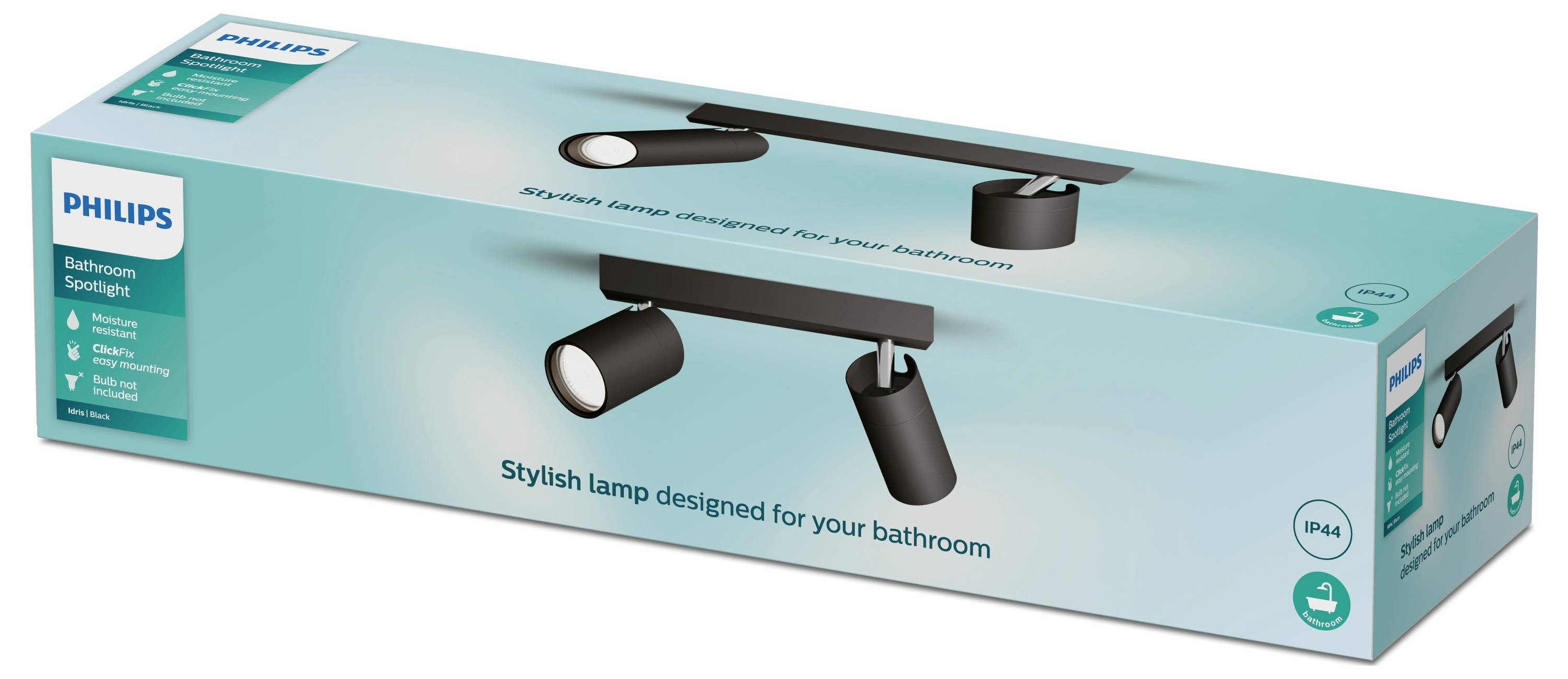 Packaging of a Philips bathroom light fitting with two black spotlights and the text 'Stylish lamp designed for your bathroom'.