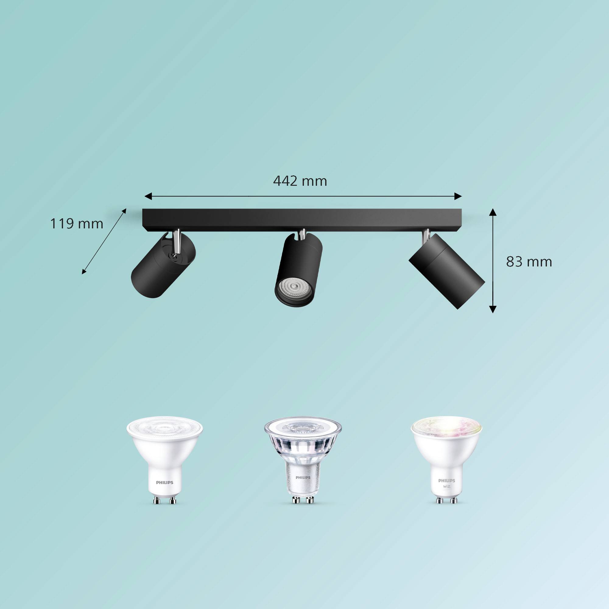 Triple spotlight with dimensions: 442 mm width, 119 mm height, 83 mm depth. Three GU10 LED bulbs shown.