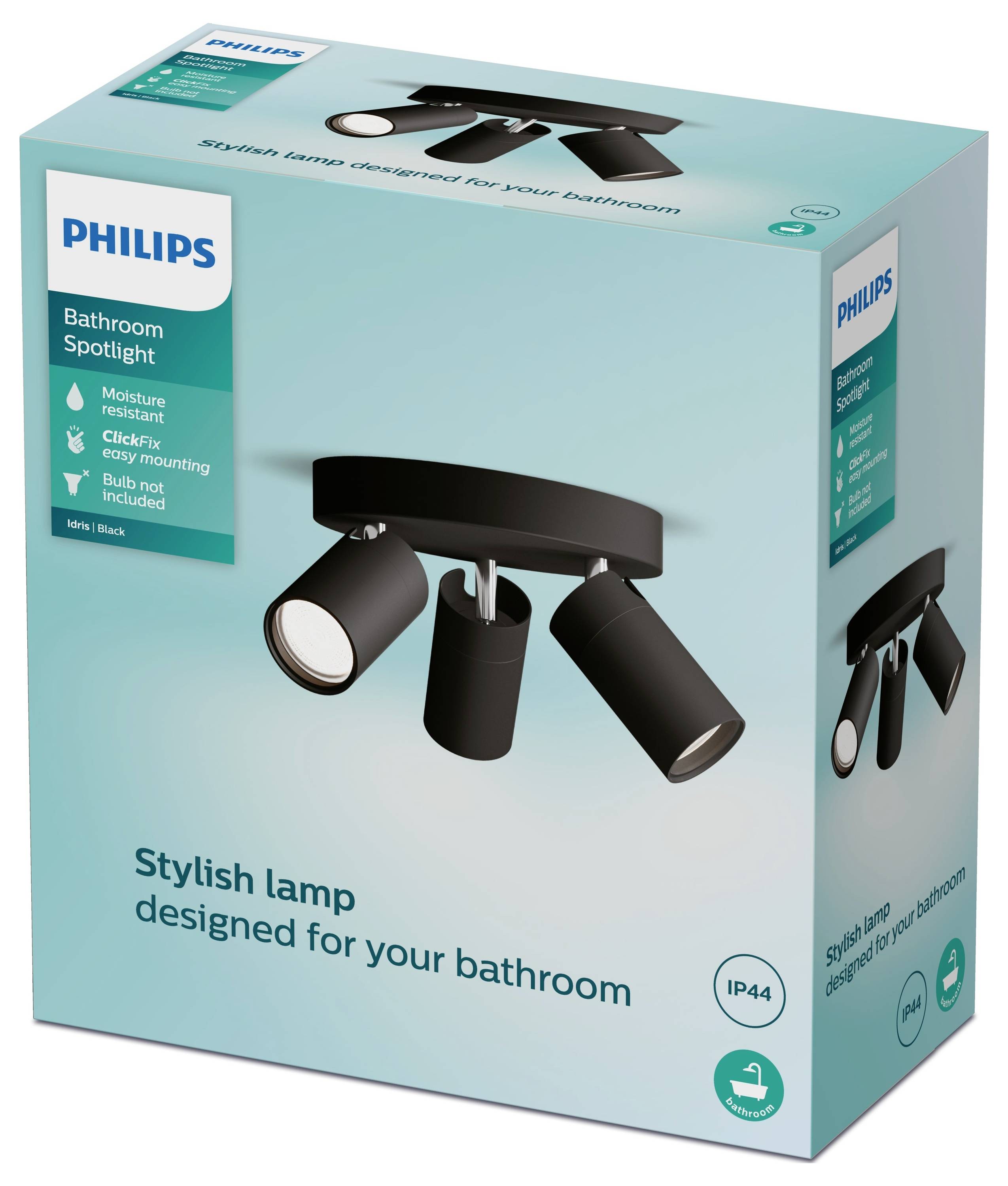 Box for a Philips bathroom spotlight with three black, adjustable spotlights. Text: 'Stylish lamp designed for your bathroom'