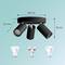 'Ceiling spotlight with three adjustable black lamps' Dimensions: Diameter 196 mm, Height 88 mm. Three different LED bulbs shown underneath.