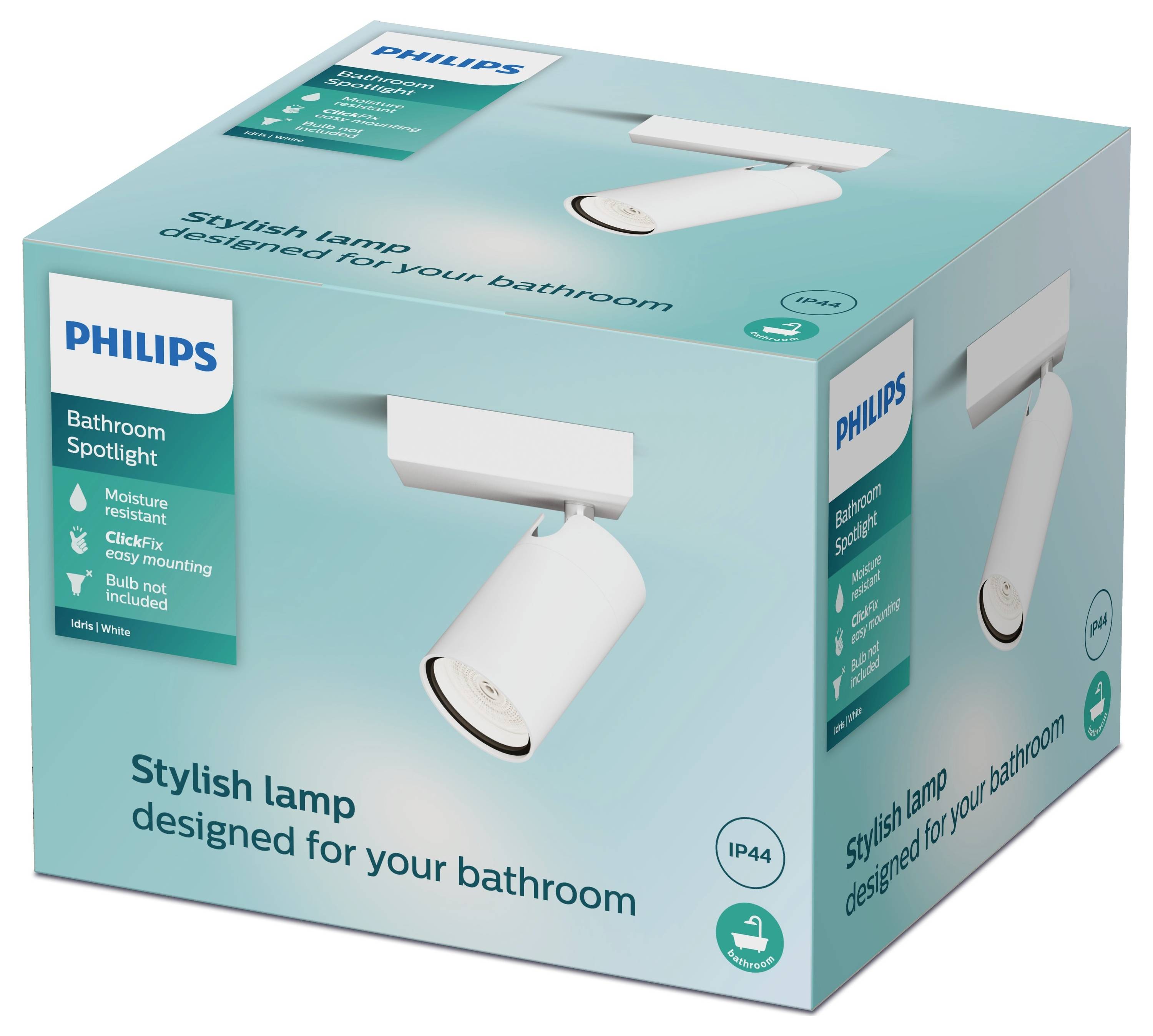 Packaging for a Philips Bathroom Light. Features: moisture-resistant, easy installation, bulb not included. IP44 protection rating.