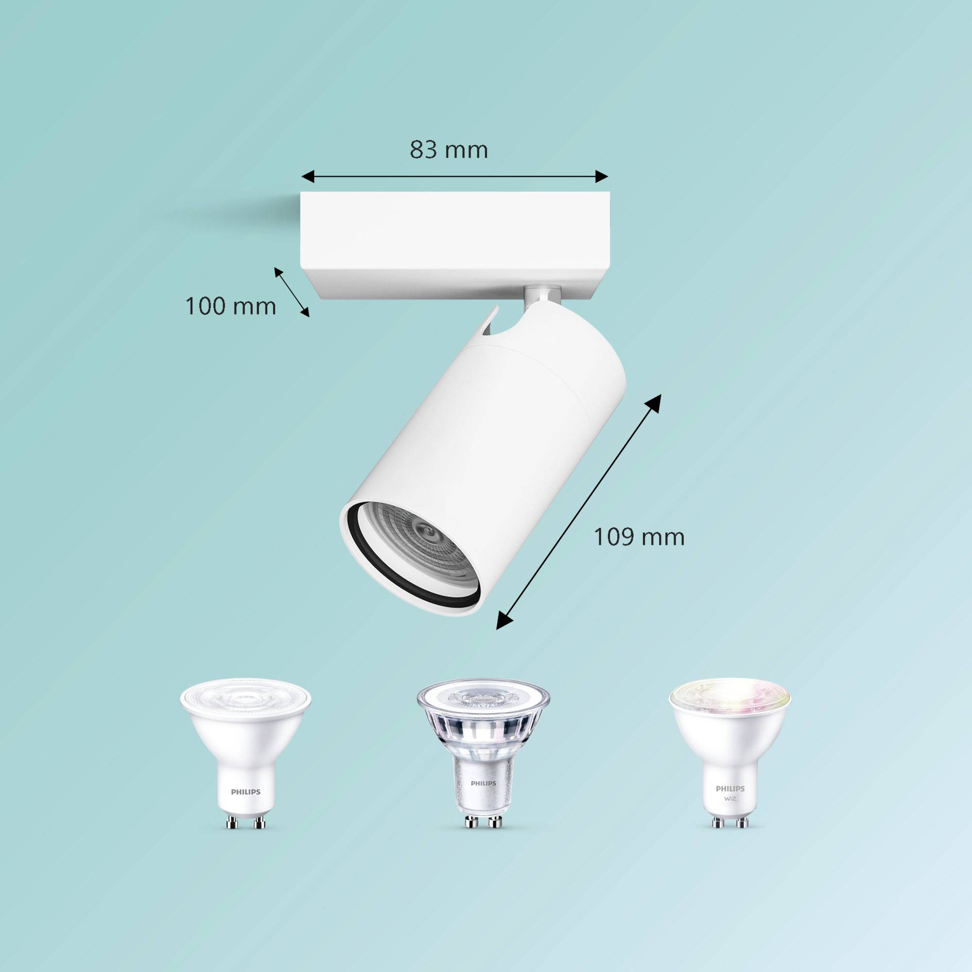 Ceiling light (83 x 100 x 109 mm) with three different light bulbs underneath.