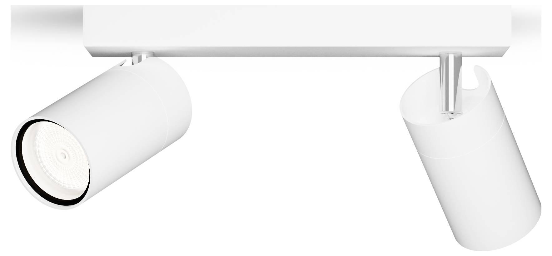 White ceiling light with two cylindrical lamps affixed to a white beam. One lamp is illuminating forwards.