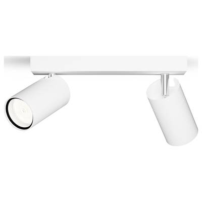 White ceiling light with two cylindrical lamps affixed to a white beam. One lamp is illuminating forwards.