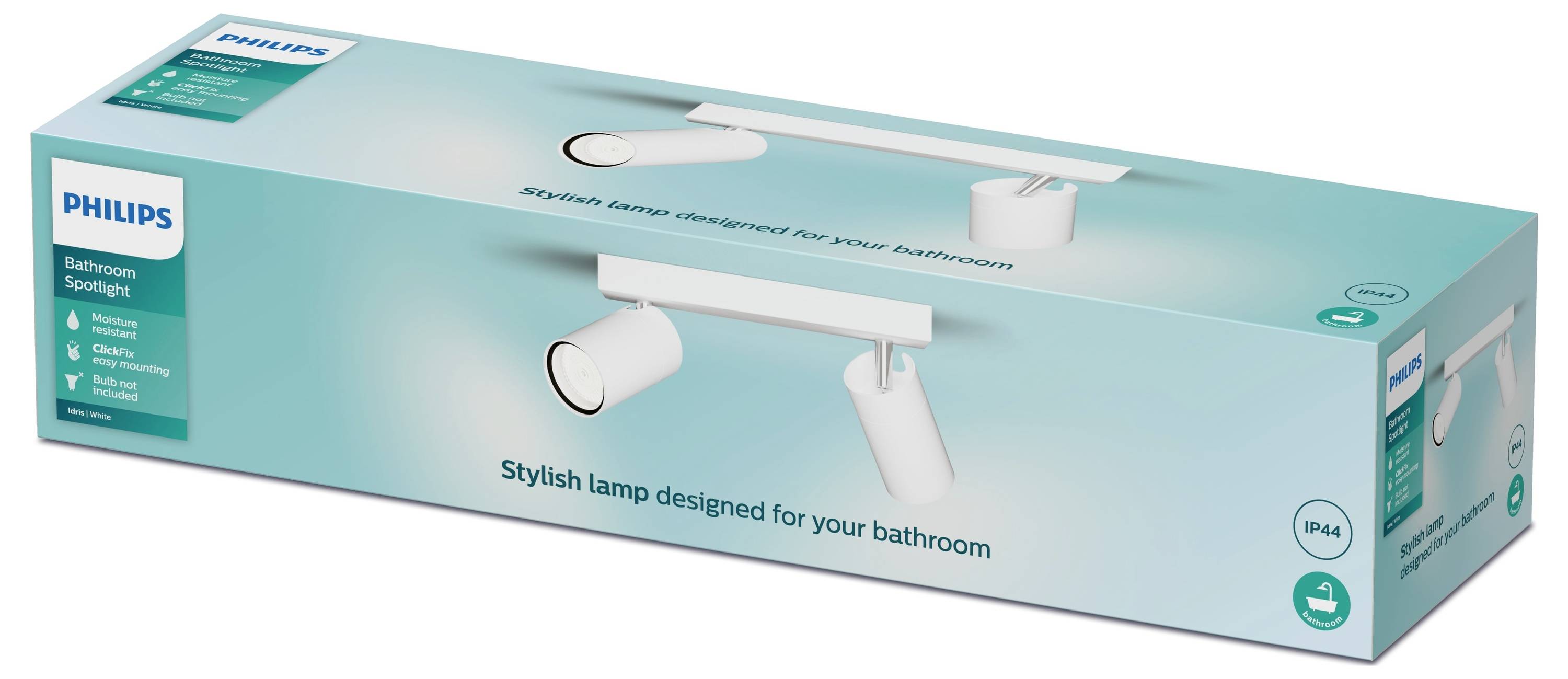 The packaging shows a Philips bathroom lamp with two adjustable white LED spotlights. Text: 'Stylish lamp designed for your bathroom'.